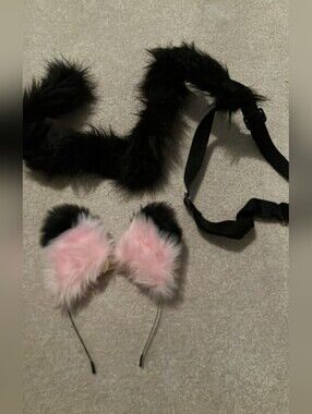 Pink And Black Cat Ears With Black Tail Set